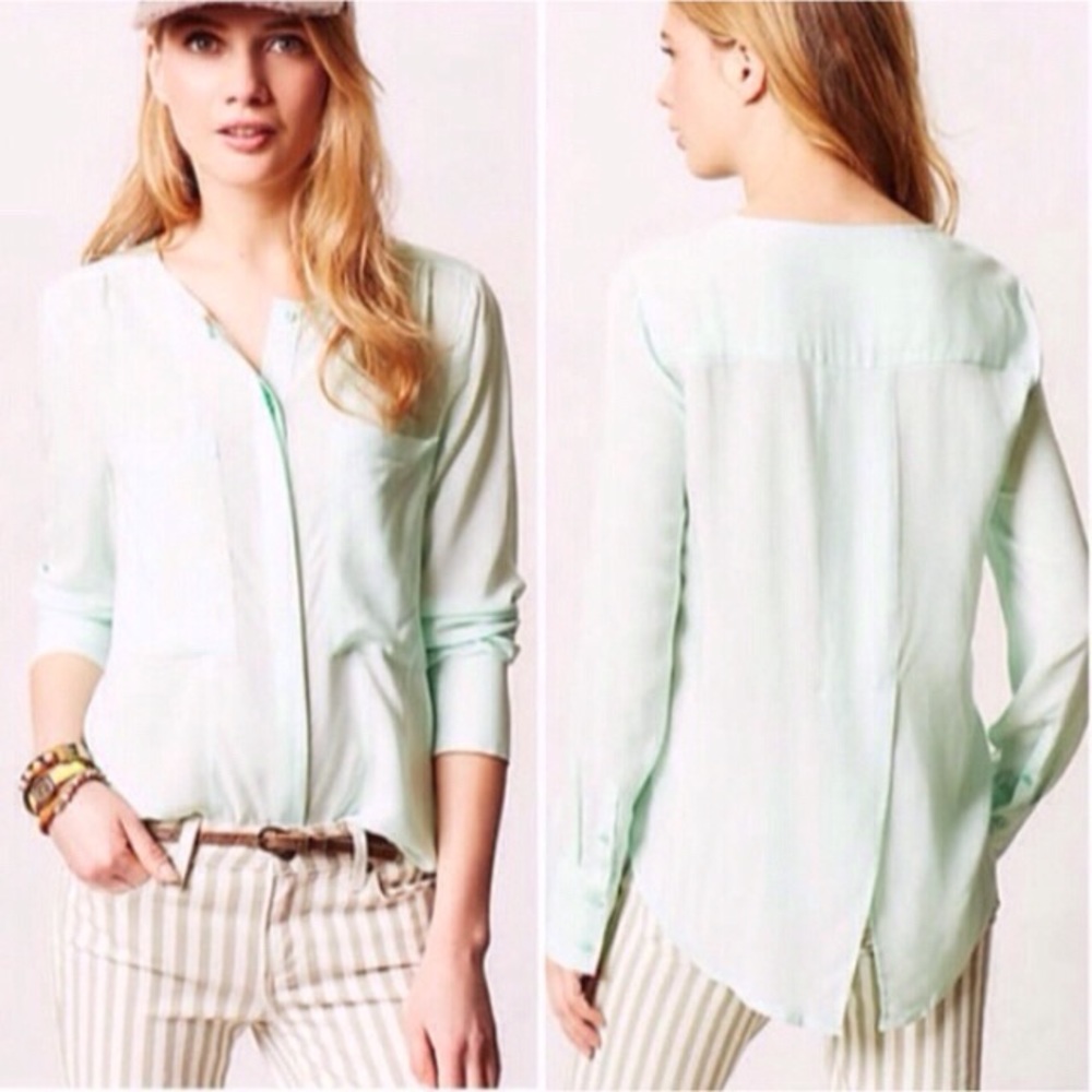 Anthropologie Blouse Maeve Clara Mint Green Long Sleeve Button Front Size 0 Chic - Picture 1 of 13